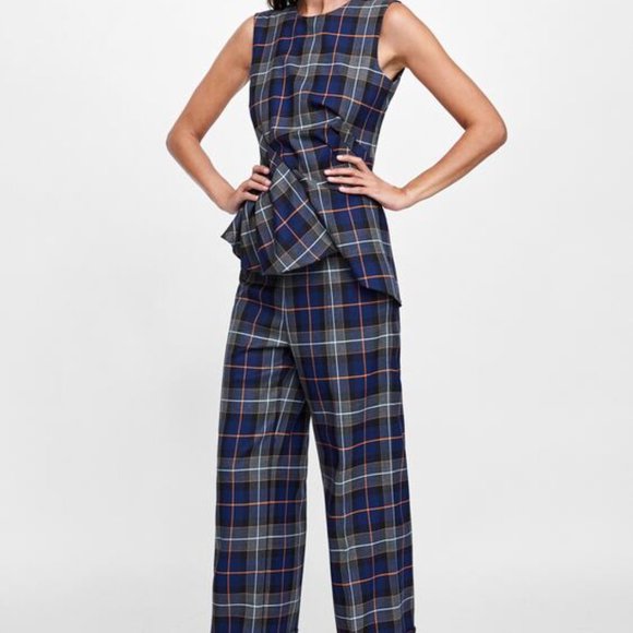 Zara Top Blue Sleeveless Shirt Pleated Plaid Asymmetric - Picture 2 of 9